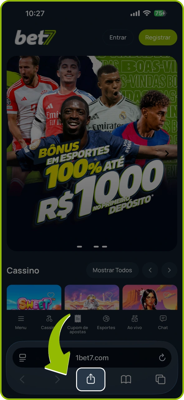 Abra o menu de compartilhamento do seu navegador no site da Bet7.