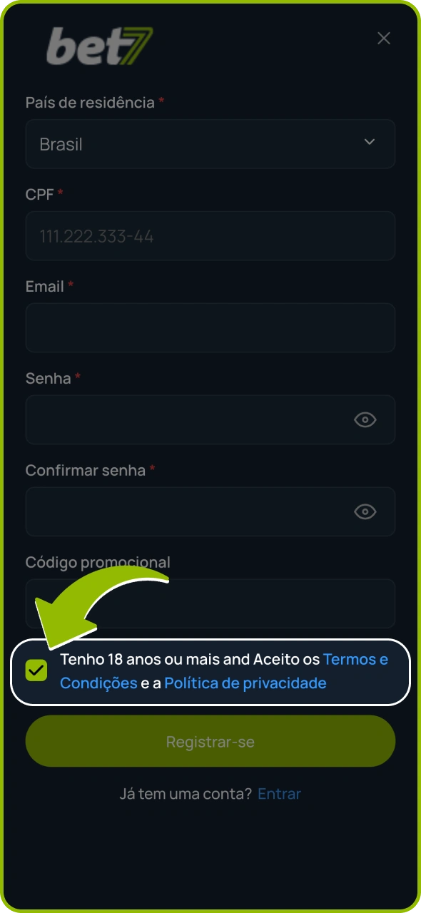 Marque a caixa para concordar com os termos e condições da Bet7.