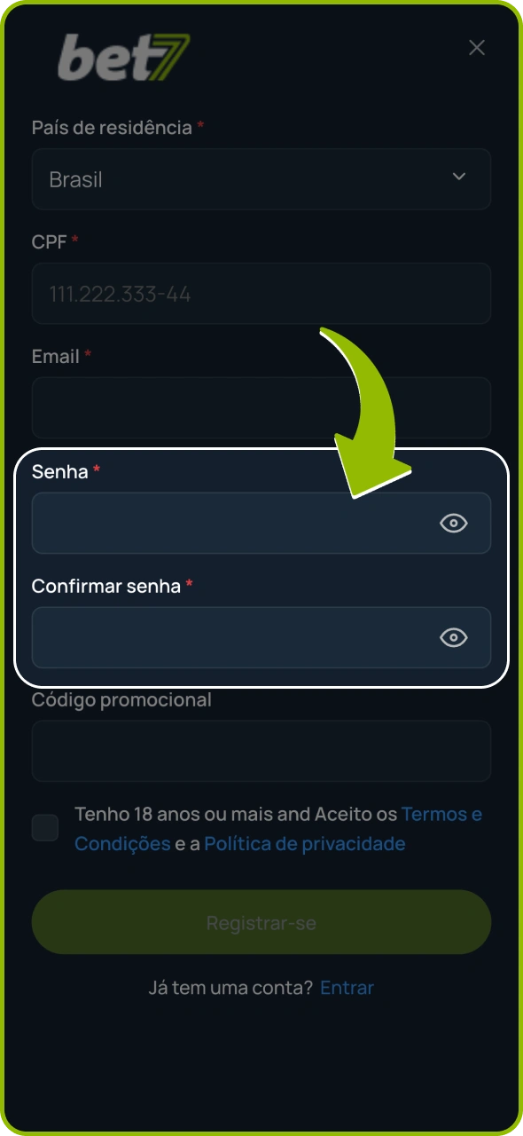 Crie uma senha forte na plataforma Bet7.