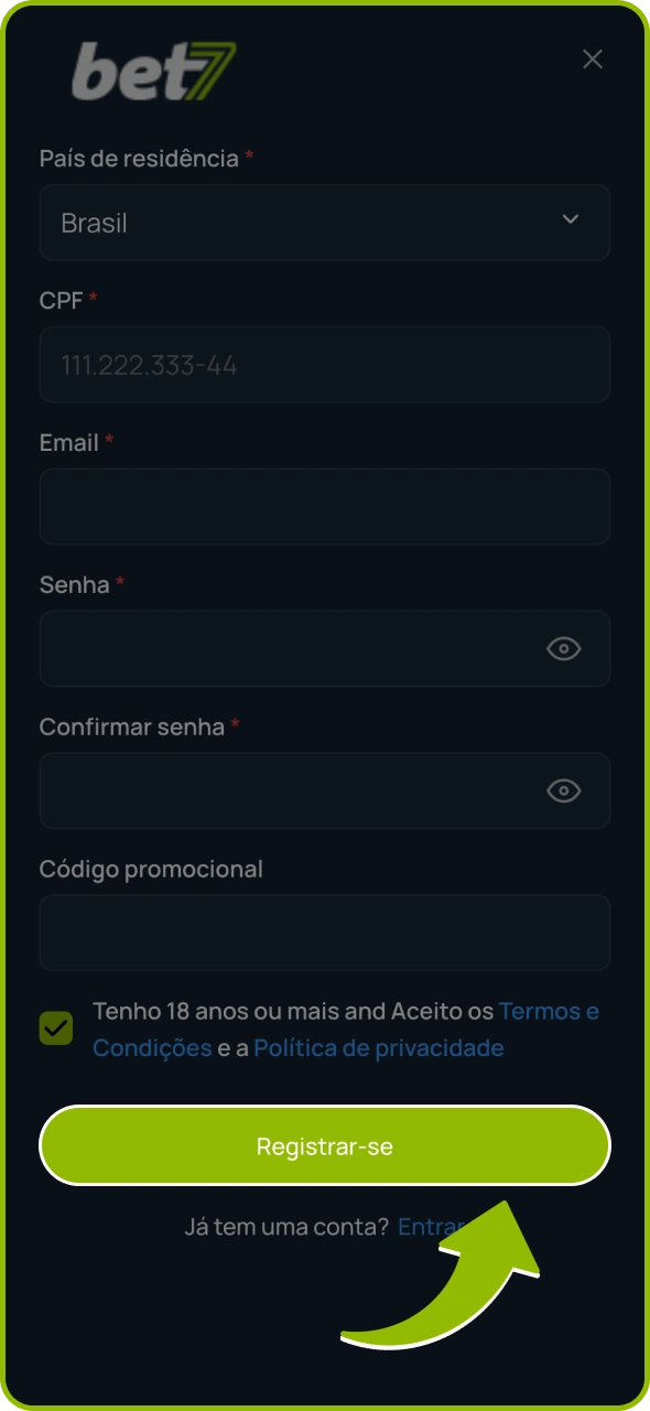 Clique no botão para concluir o processo de cadastro na Bet7.