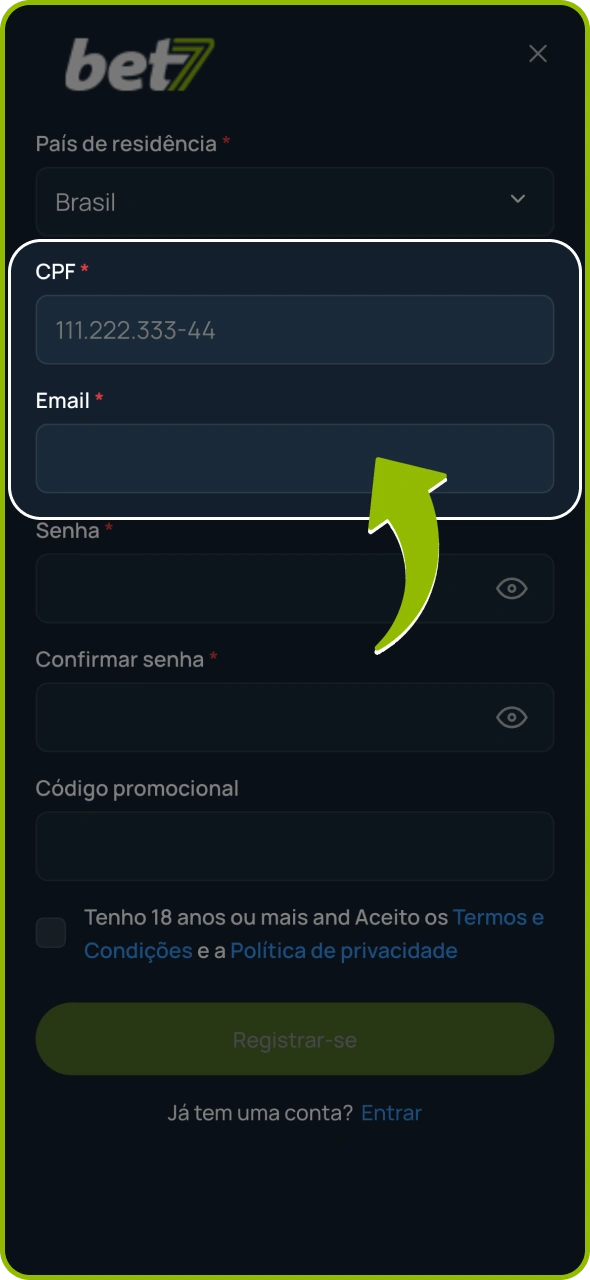 Preencha suas informações pessoais no formulário de cadastro da Bet7.