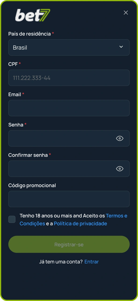 Abra o formulário de cadastro na plataforma Bet7.