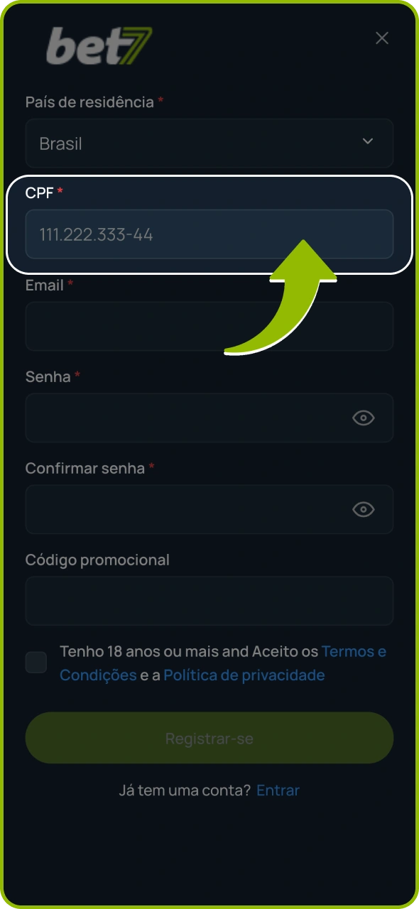 Insira seu número CPF no formulário de cadastro da Bet7.