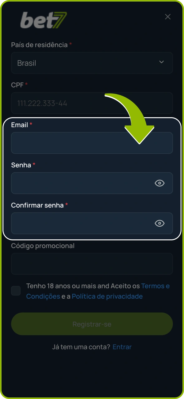Preencha seus dados pessoais para acessar a plataforma Bet7.